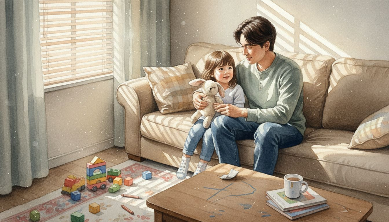Parent and child connect on living room sofa
