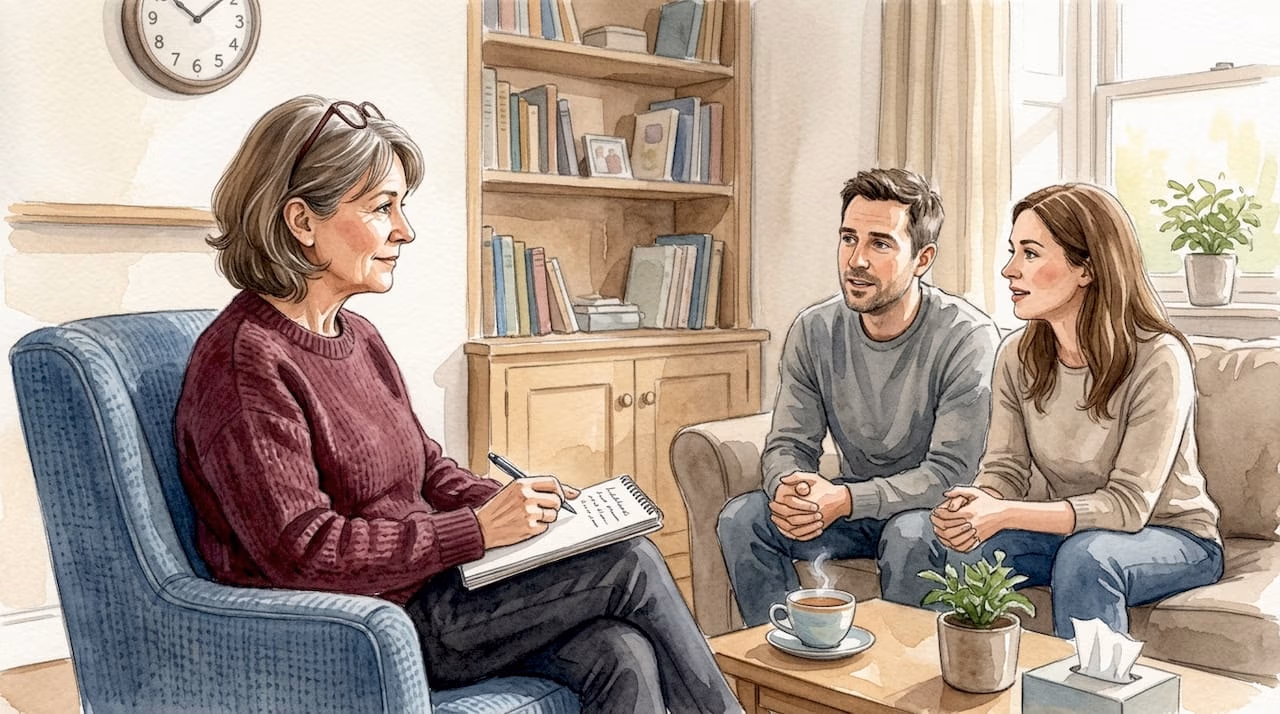 El terapeuta observa atentamente mientras la pareja dialoga