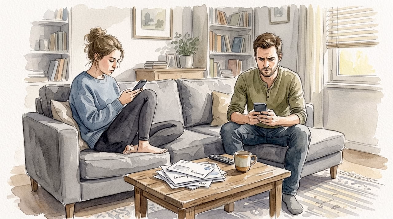 Ein Paar sitzt schweigend mit Abstand voneinander im stillen Wohnzimmer.