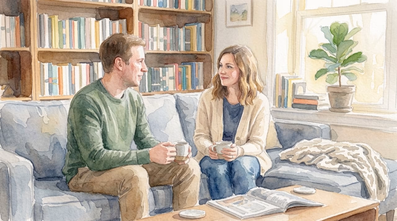 Couple talking calmly in living room