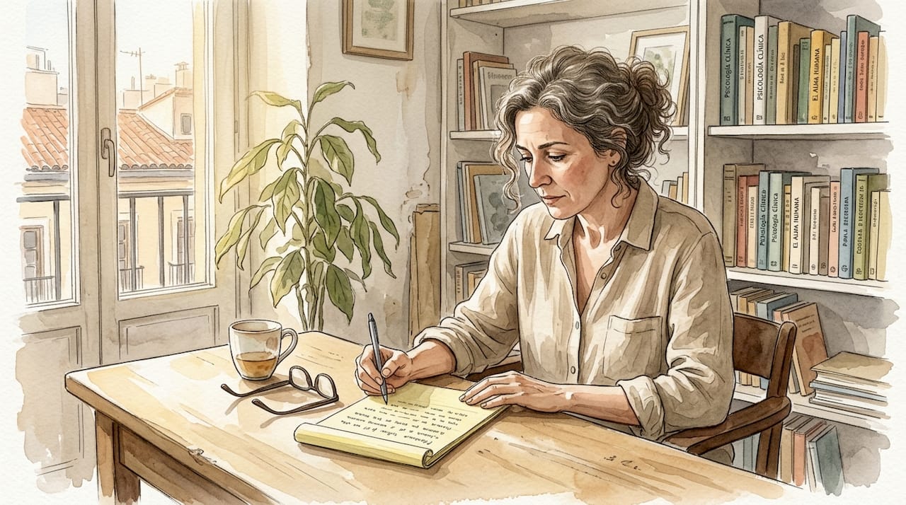 Psicólogo pensativo sentado en su consulta iluminada por el sol