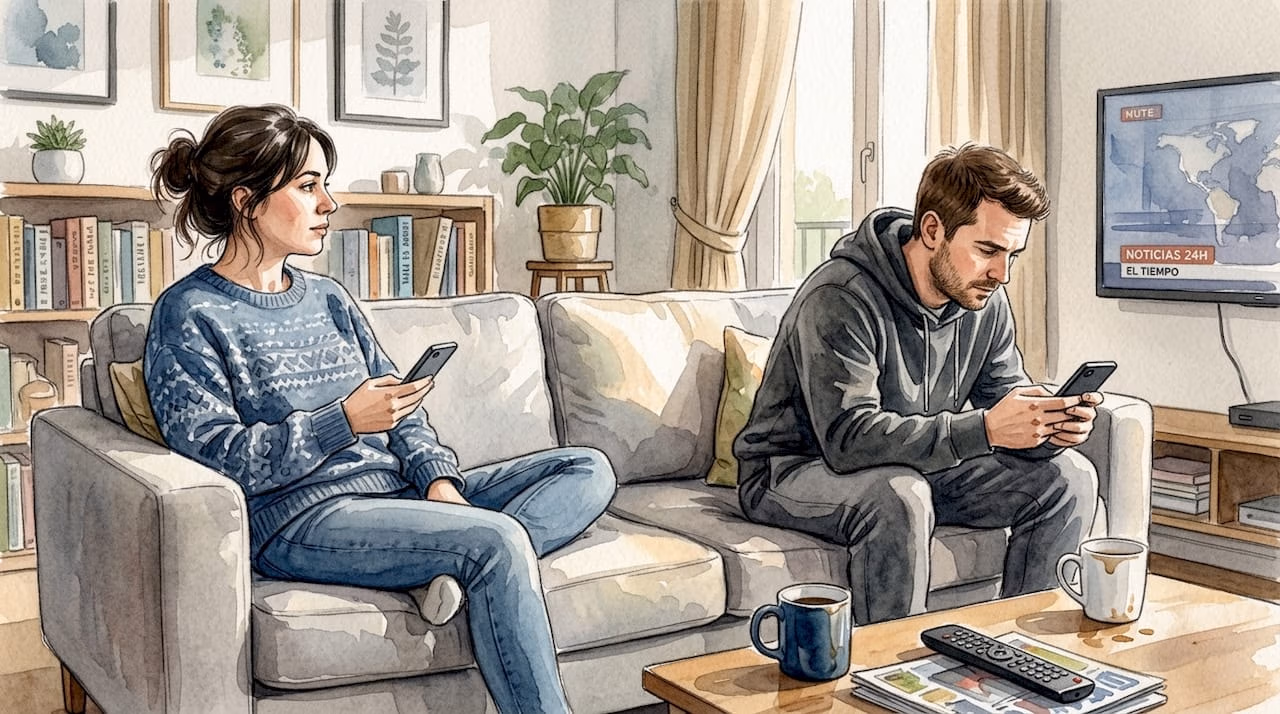 Una pareja sentada en el sofá del salón, cada uno en su extremo, sin acercarse demasiado.