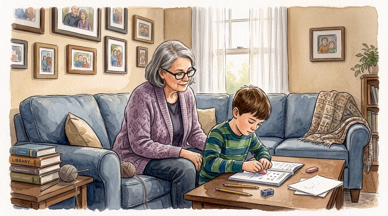 Grandmother helping grandson with homework in living room