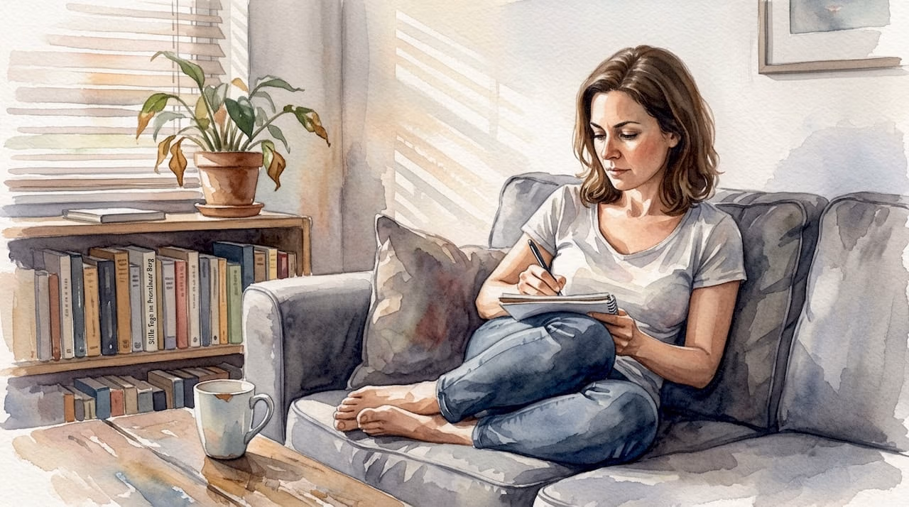 Eine Frau sitzt in ihrem gemütlichen Wohnzimmer mitten in der Stadt und hält ihre Gedanken und Erlebnisse in einem Notizbuch fest.