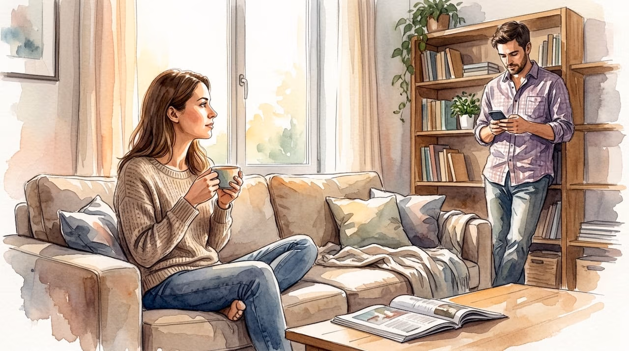 Una pareja se muestra distante en el salón después de una discusión.