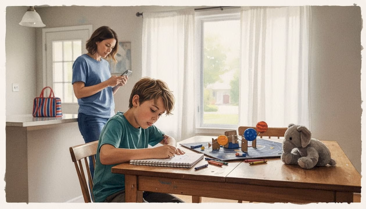 Child coloring at kitchen table with parent nearby