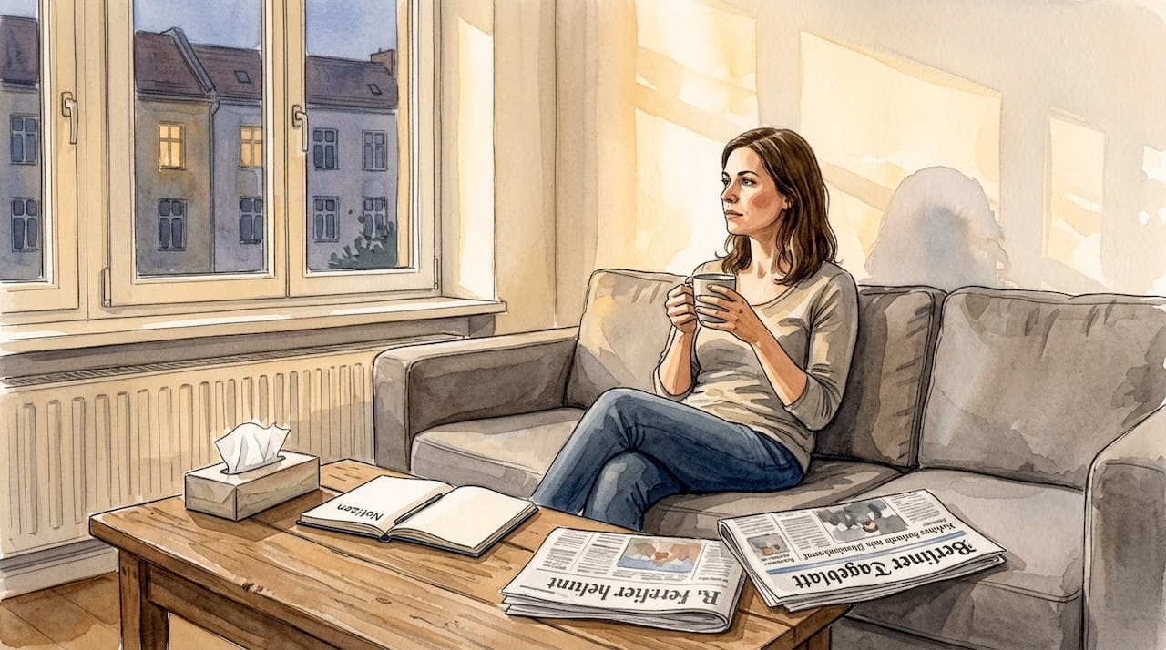 Eine Frau sitzt allein in ihrem gemütlichen Wohnzimmer und lässt ihre Gedanken schweifen.