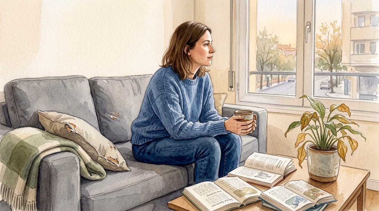 Una mujer sumida en sus pensamientos, disfrutando de la calma de su salón.