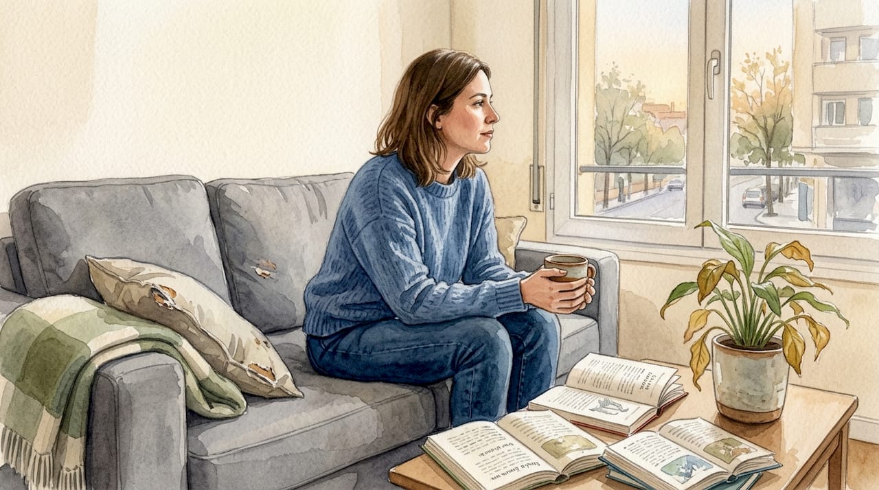 Una mujer sumida en sus pensamientos, disfrutando de la calma de su salón.