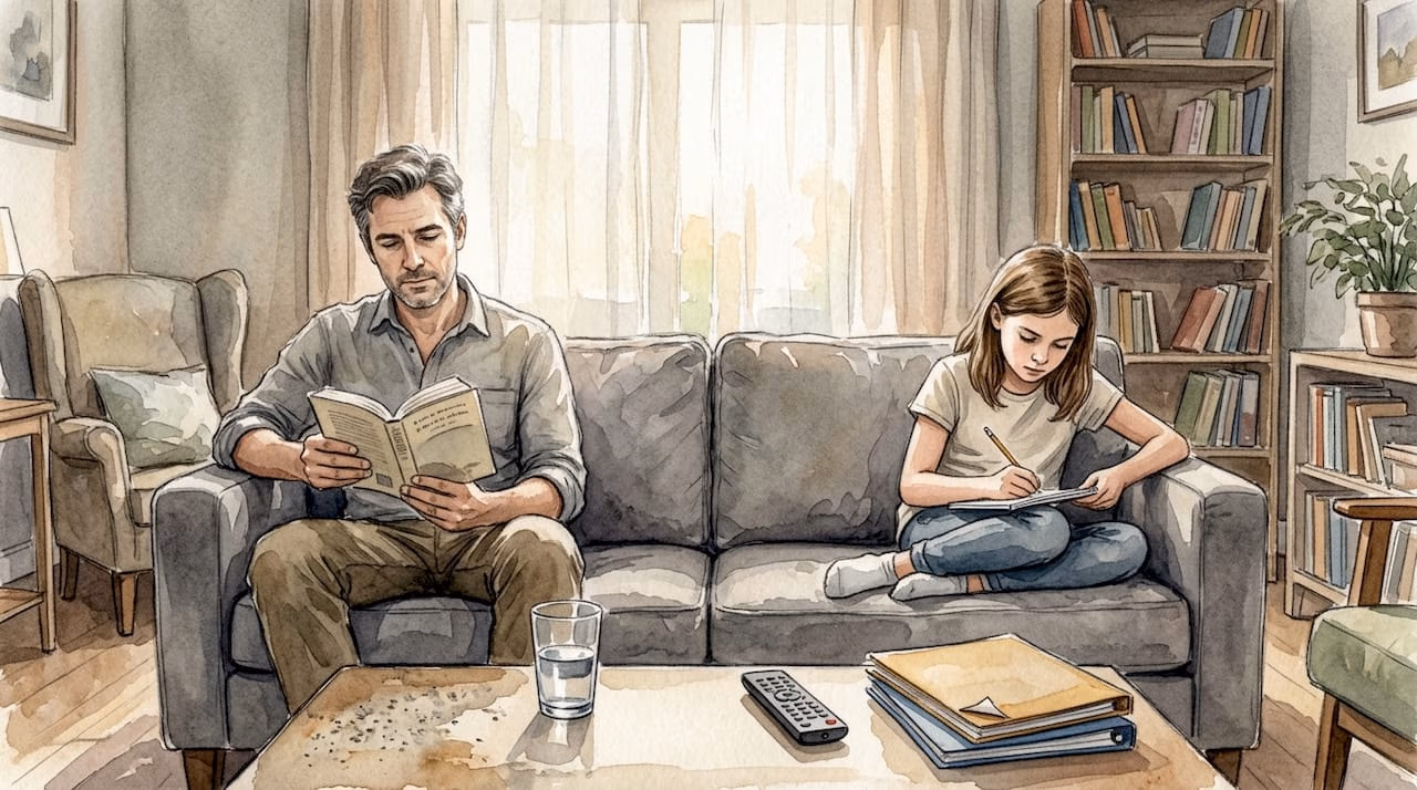 Parent and child sit apart in living room