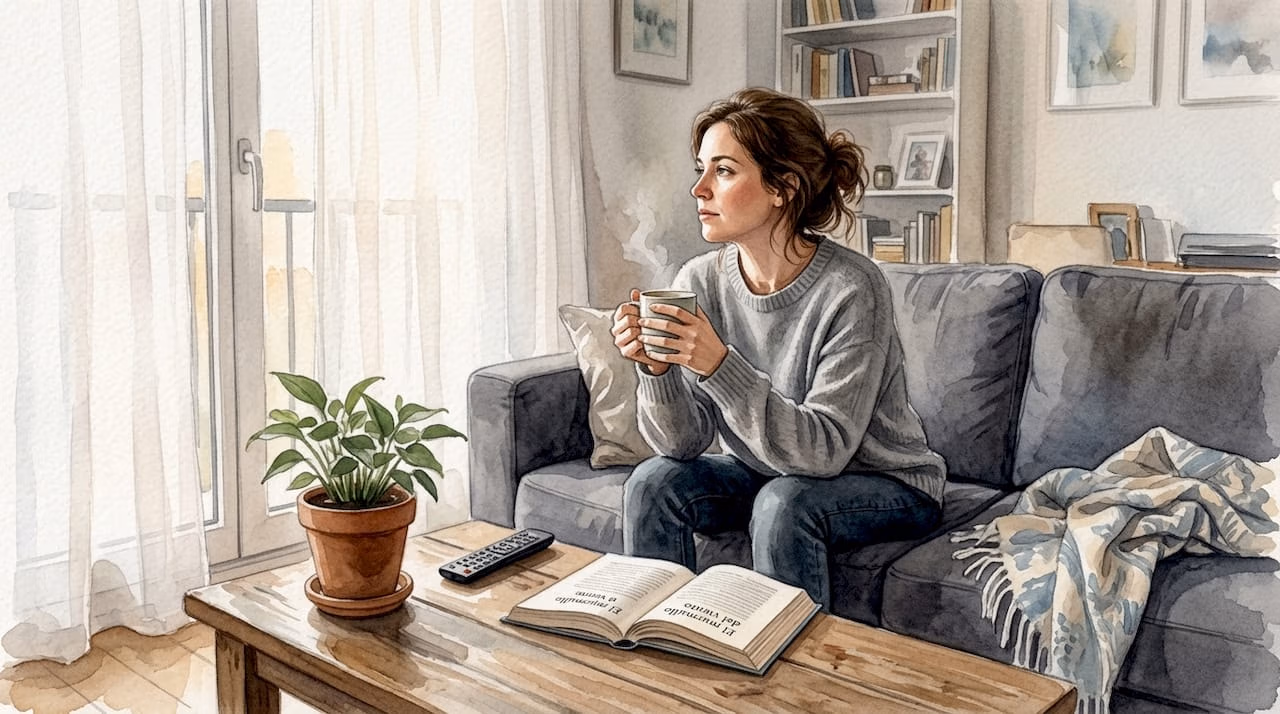 Una mujer sentada en el salón, sumida en sus pensamientos.