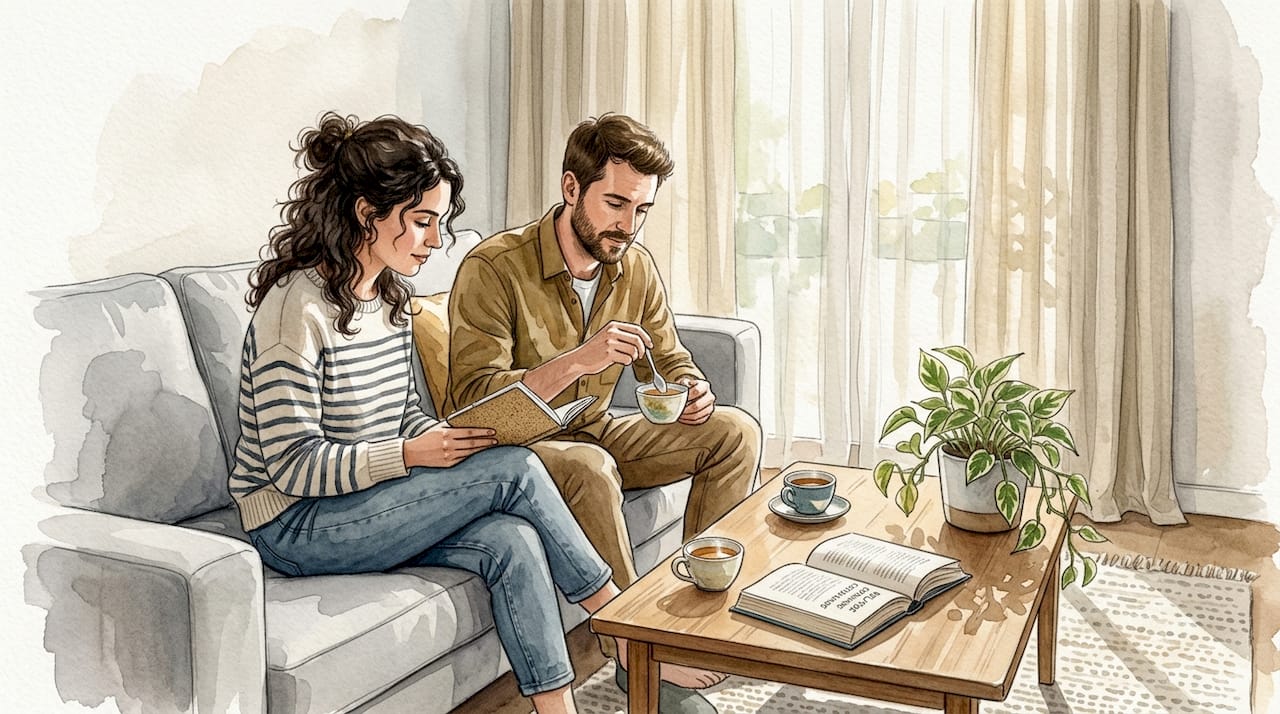 Una pareja dialoga en el salón después de haber atravesado una crisis