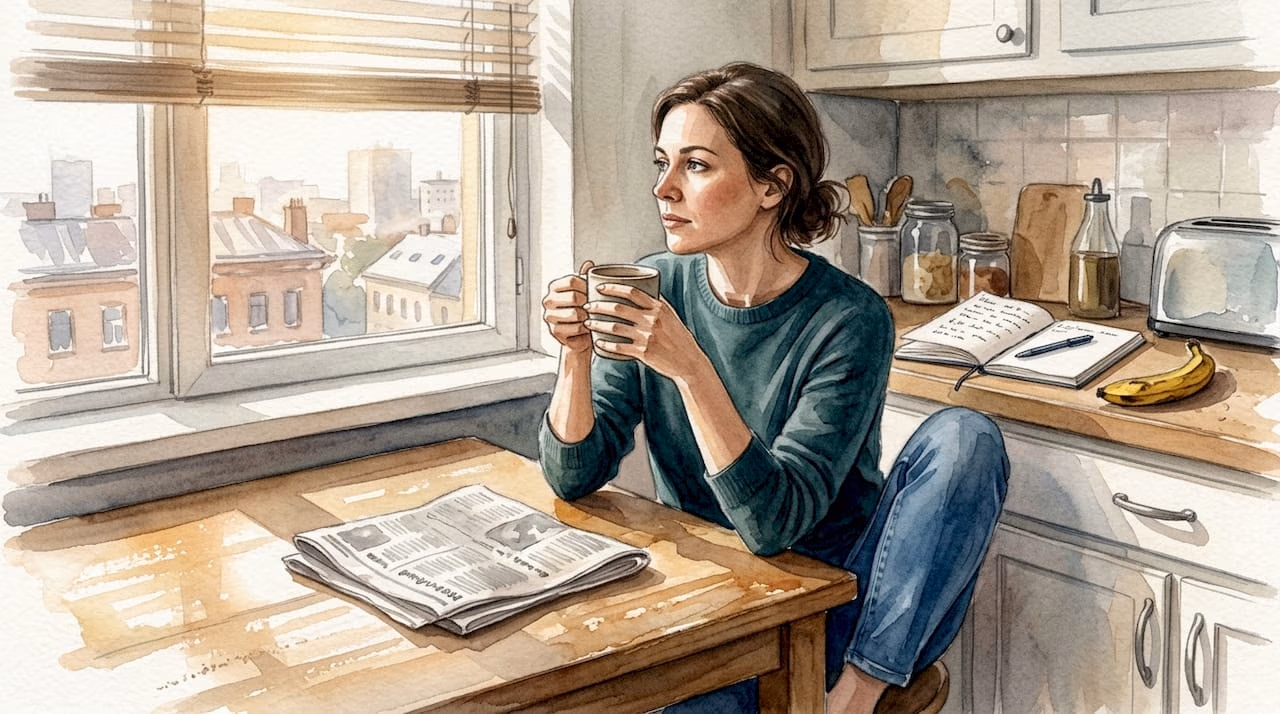 Woman reflecting quietly at kitchen table