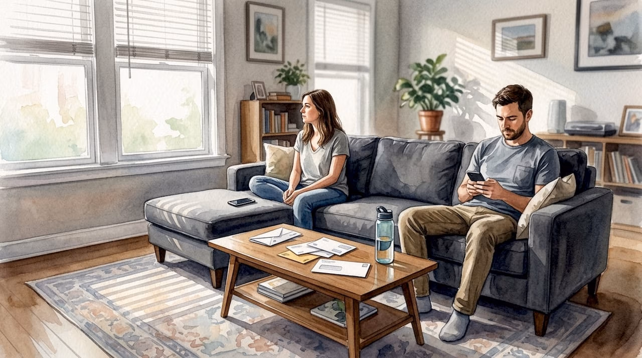 Distant couple in living room on phones