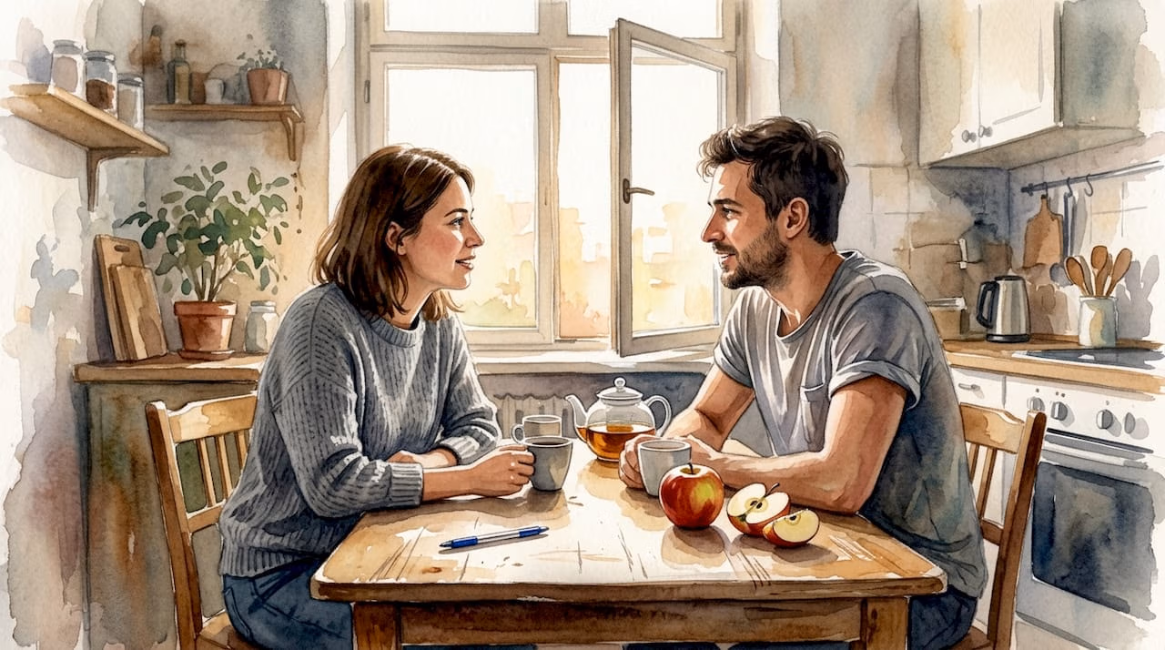 Ein Paar sitzt abends gemütlich am Küchentisch und unterhält sich.