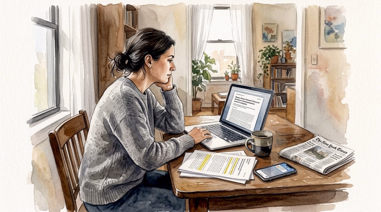 Woman reviewing research at home table