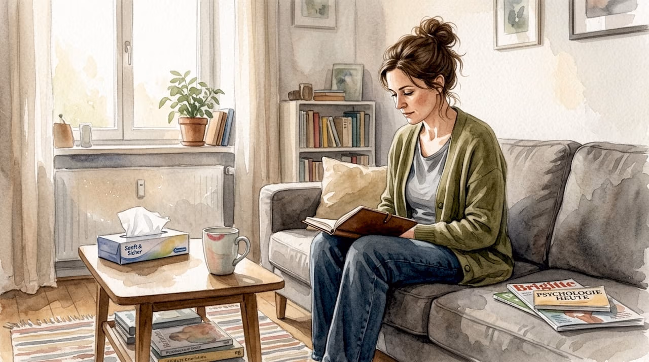 Eine Frau sitzt nachdenklich in ihrem aufgeräumten Wohnzimmer.