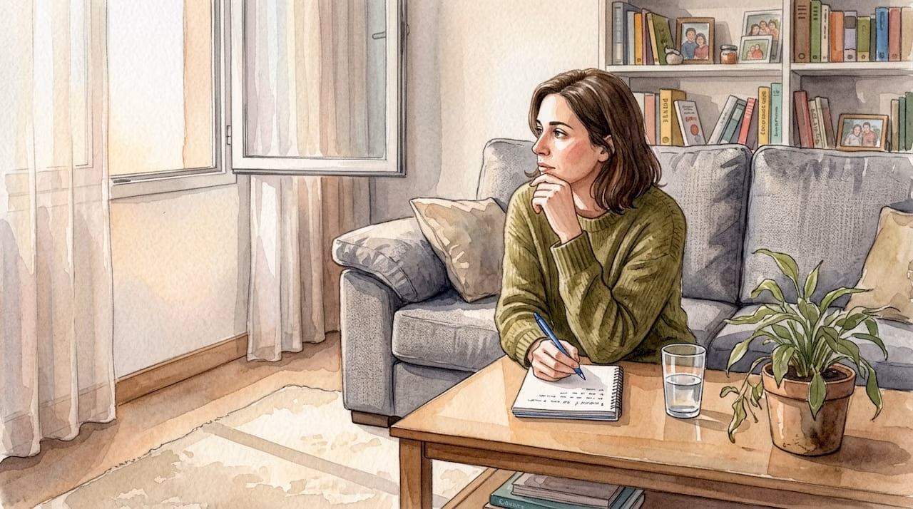 Una mujer se sumerge en sus pensamientos mientras disfruta de la calma de su salón.