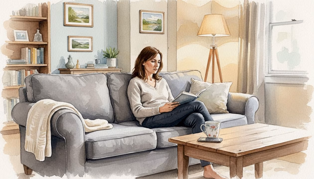 Eine Frau sitzt alleine im Wohnzimmer und scheint in Gedanken versunken zu sein.