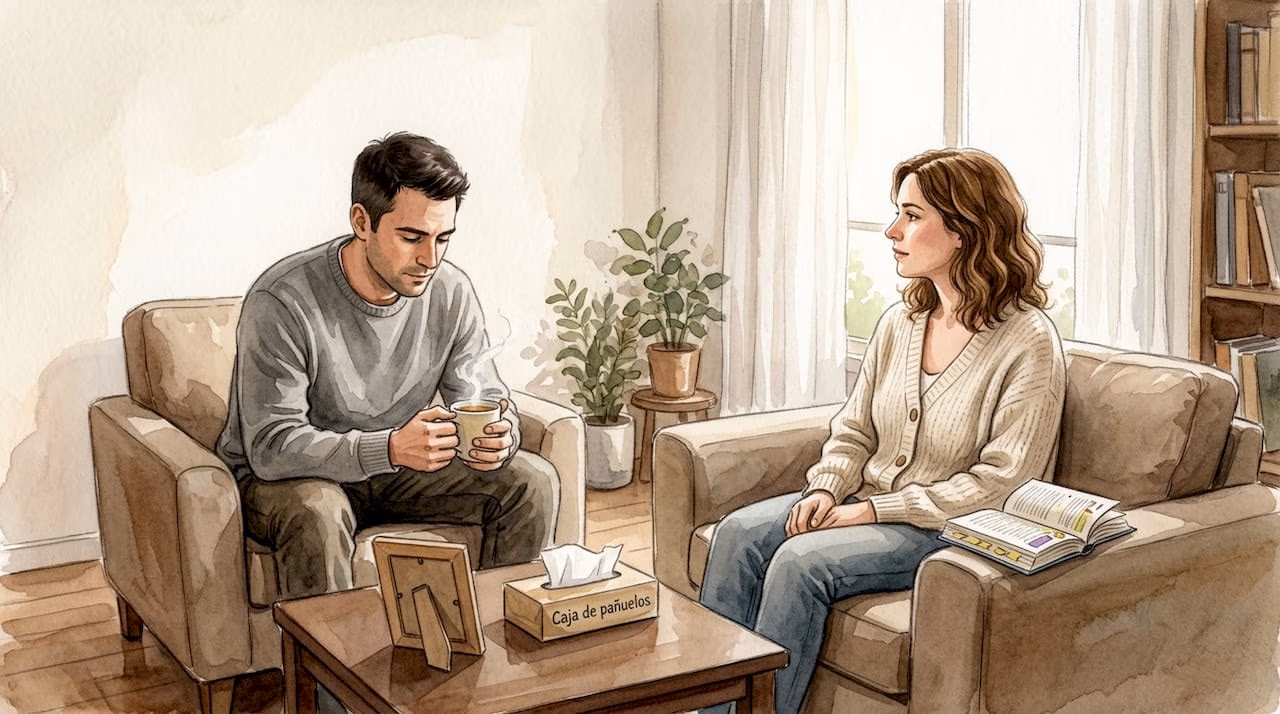 Una pareja conversa relajadamente en el salón de su casa, disfrutando de un ambiente tranquilo.