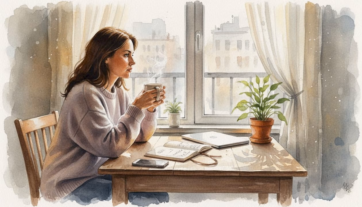 Woman reflecting alone at kitchen table