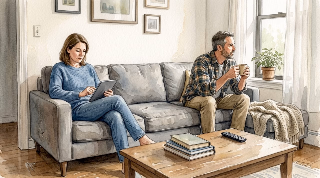 Couple reflecting quietly in living room