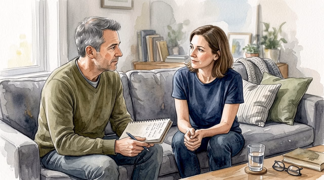 Una pareja charlando tranquilamente en el salón de casa