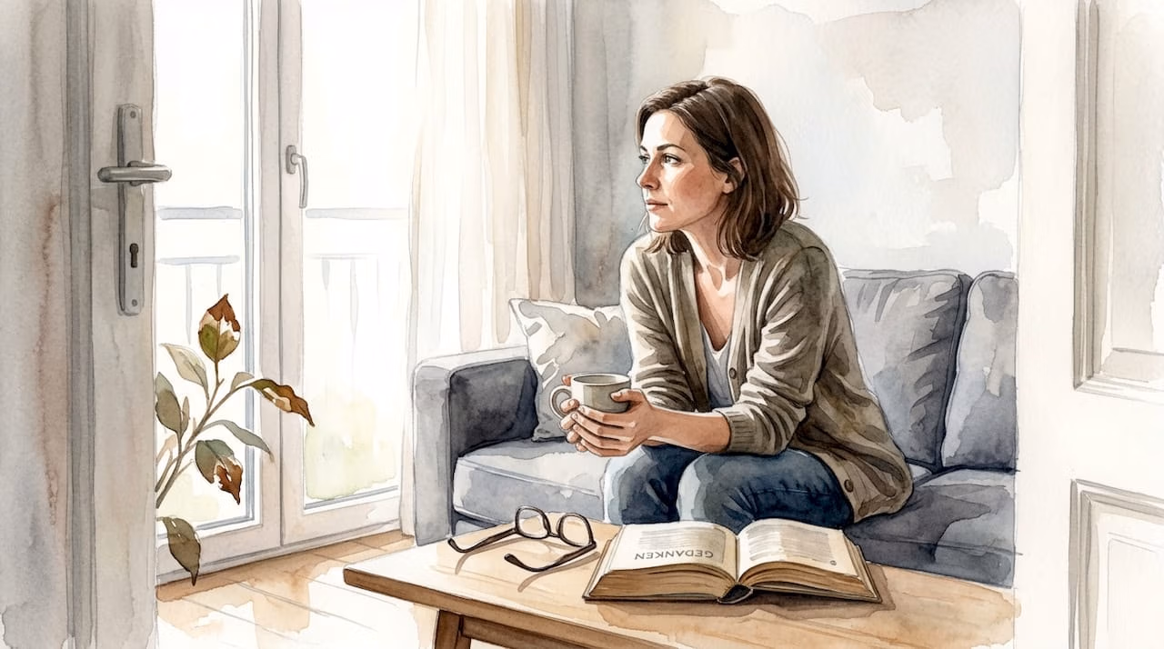 Eine Frau steht im Wohnzimmer am Fenster und blickt gedankenverloren nach draußen.