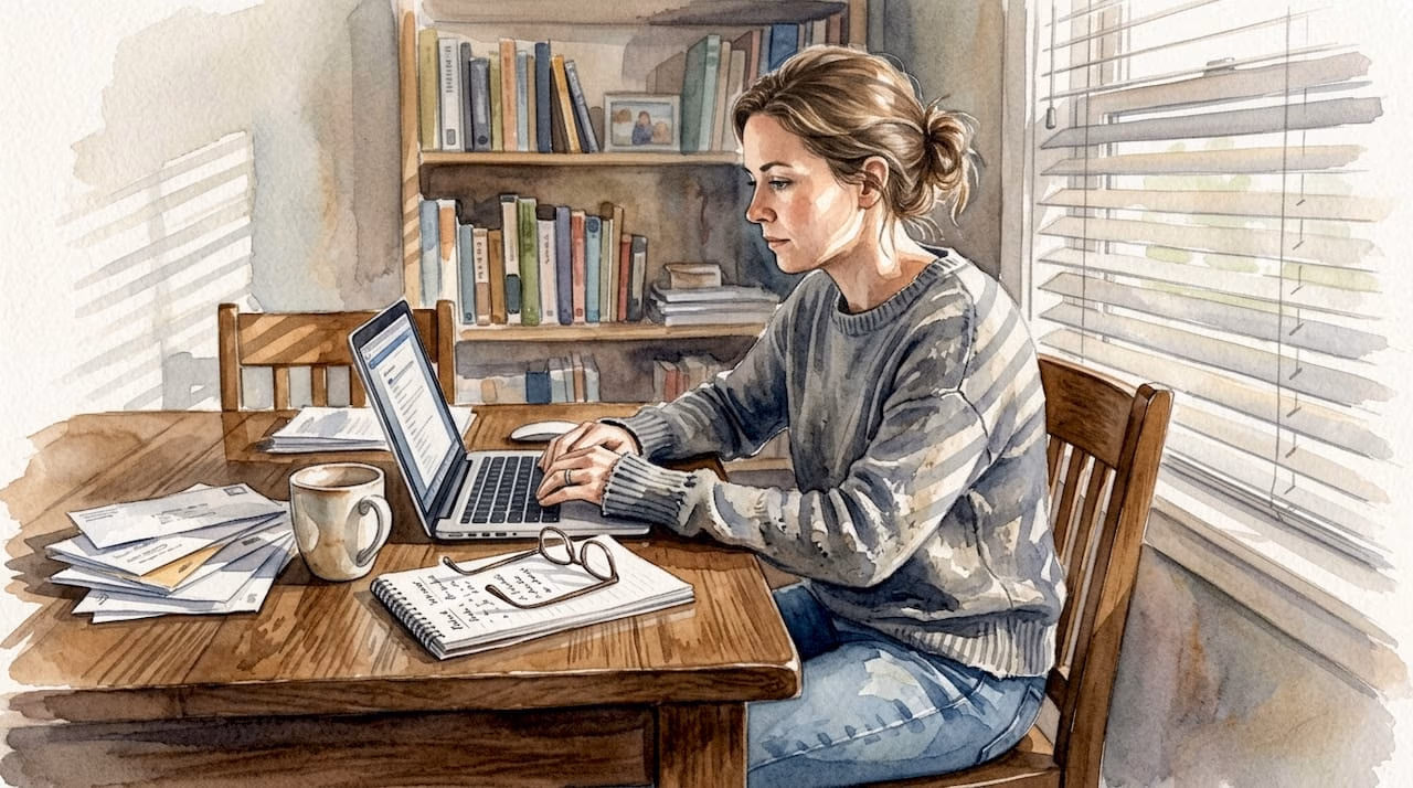 Woman reading email in home office reflecting