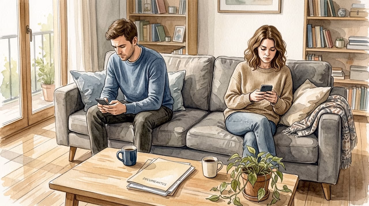 Una pareja sentada en el salón, cada uno absorto en su móvil, sin hablarse.