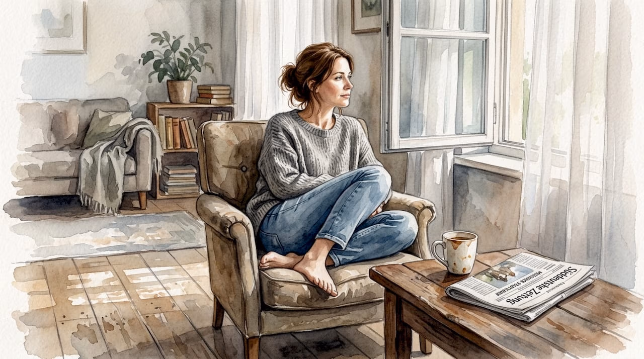 Eine Frau steht am Wohnzimmerfenster und schaut gedankenverloren hinaus.