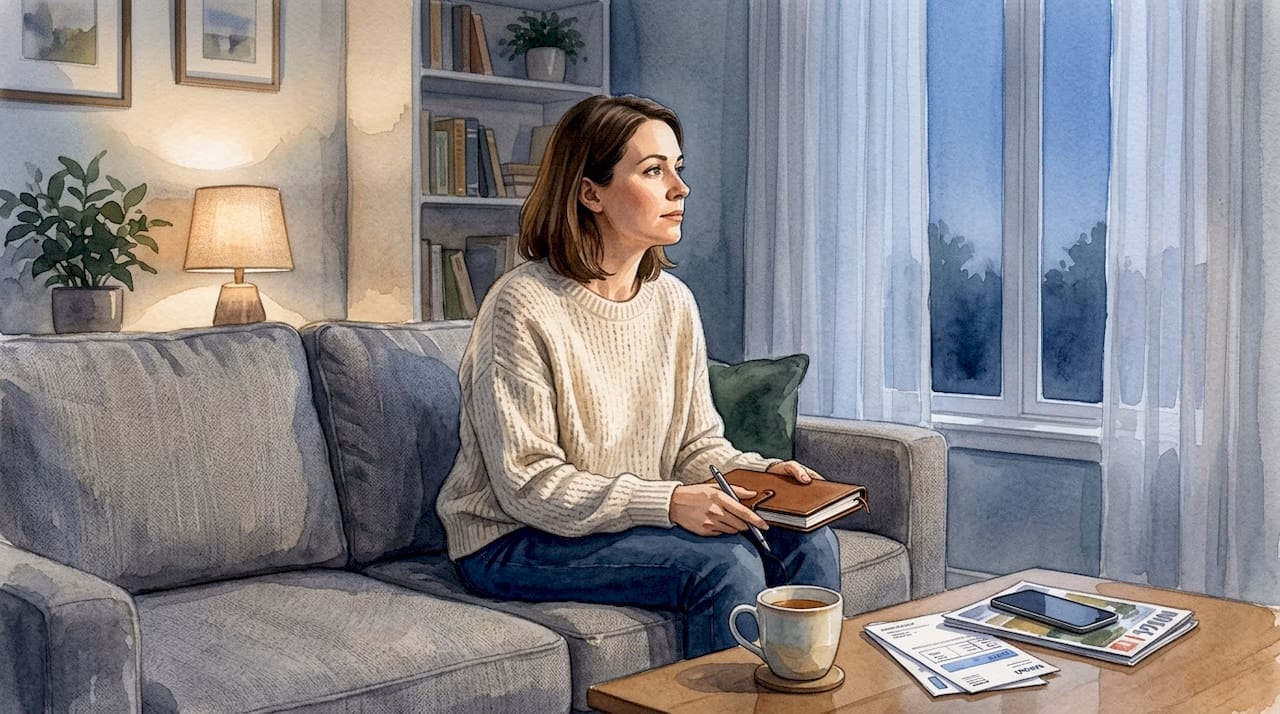 Woman reflecting in quiet evening living room