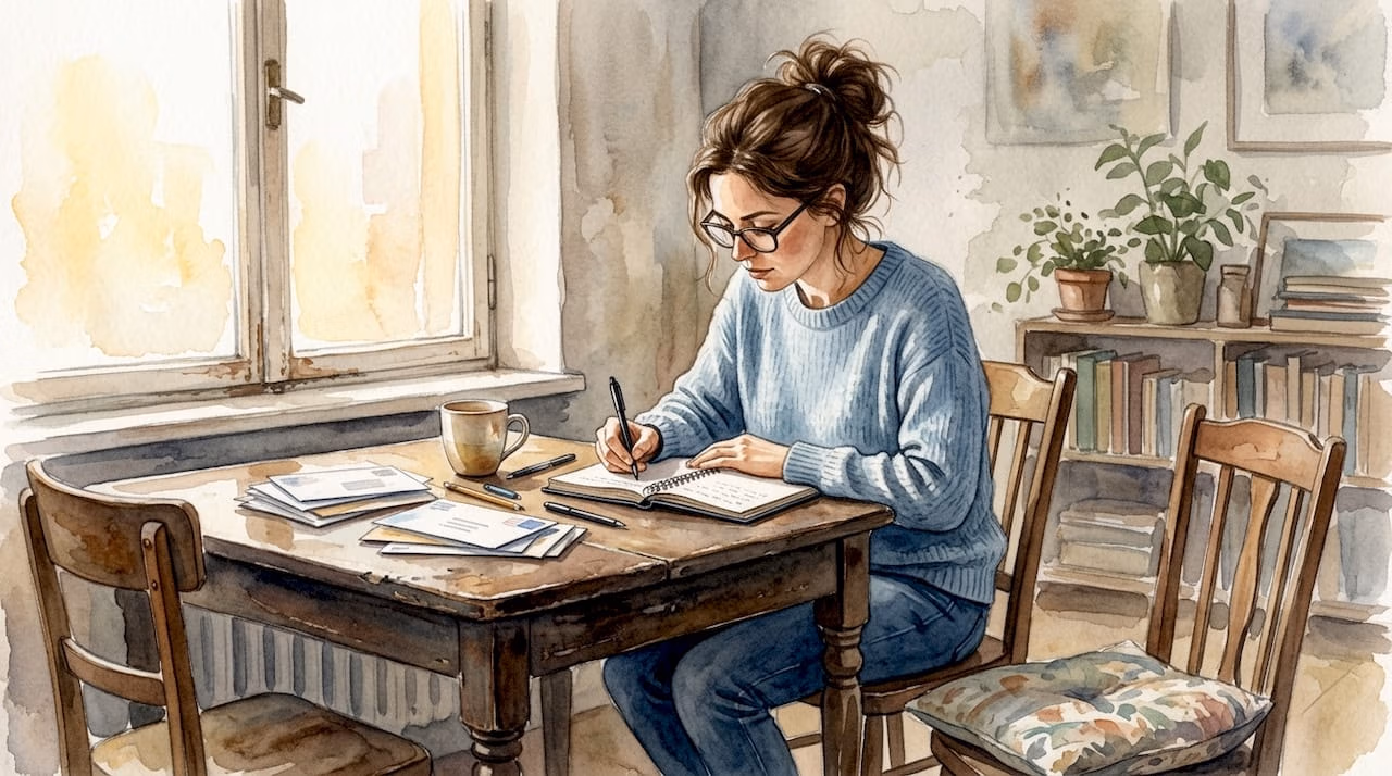 Woman reflecting at home with journal