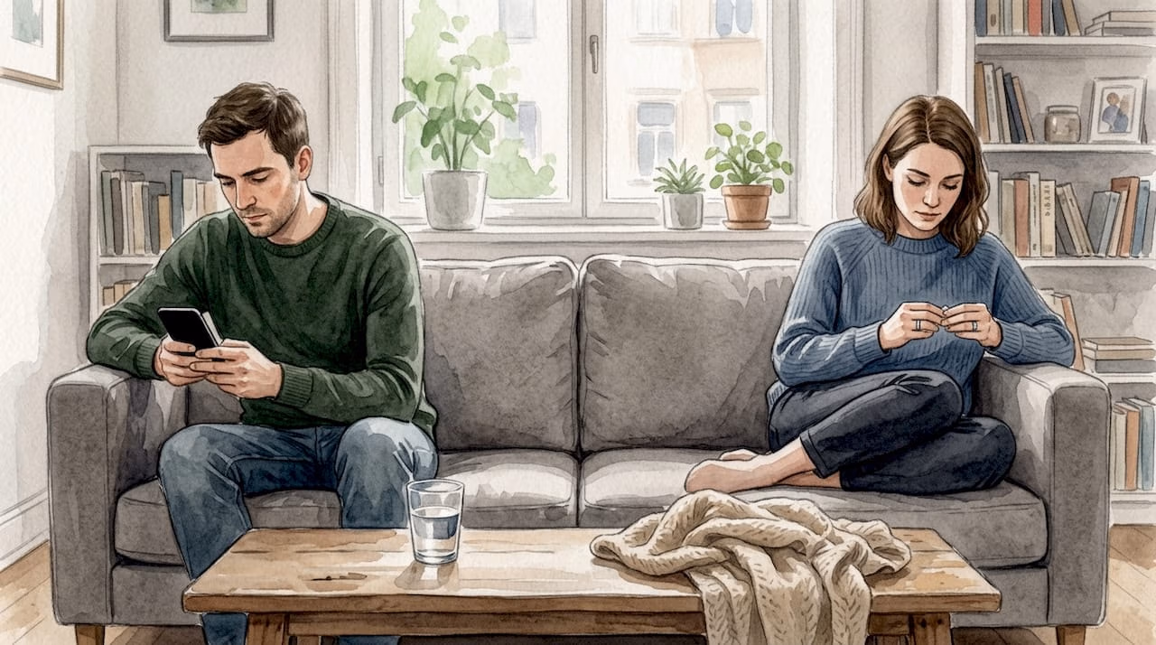 Una pareja sentada en el salón, cada uno en su mundo, sin apenas cruzar palabras.