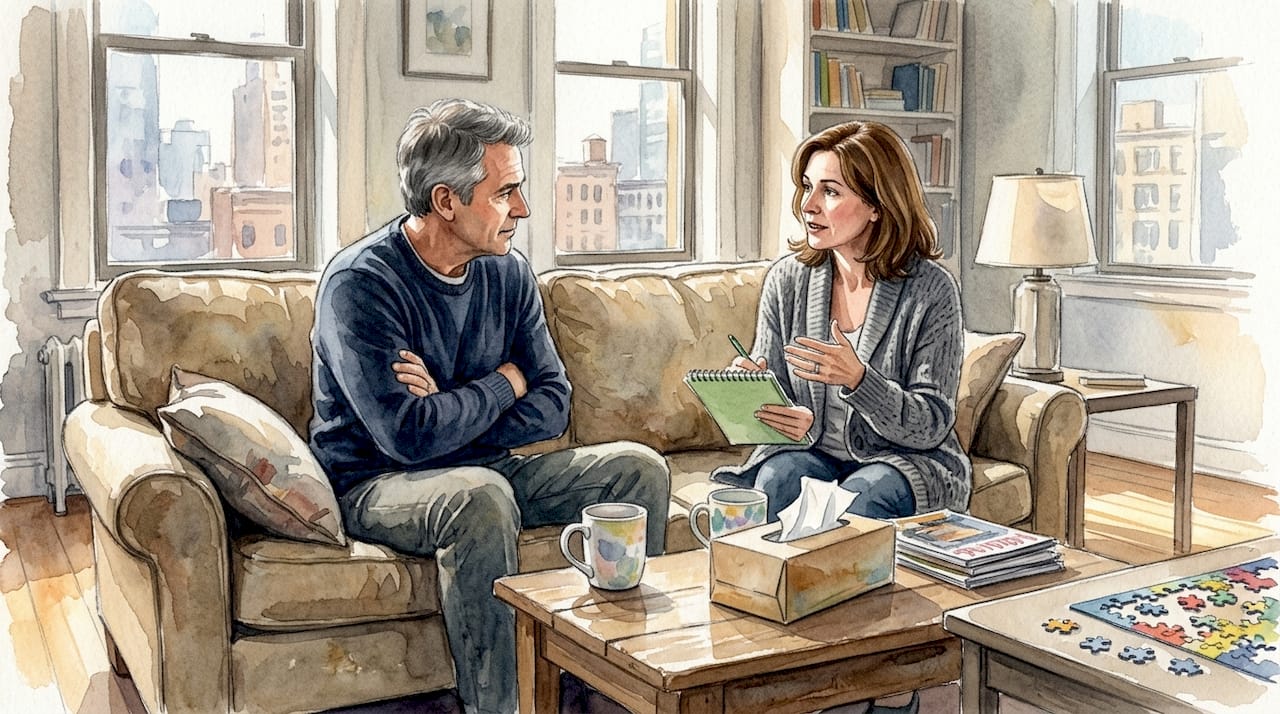 Couple having open conversation in bright living room