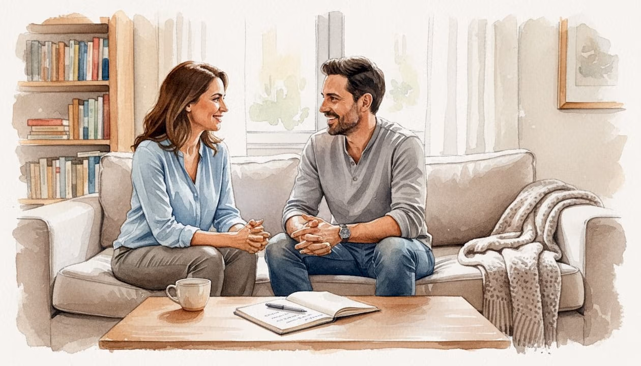 Una pareja charla relajadamente en el sofá de su salón, disfrutando de un ambiente tranquilo.