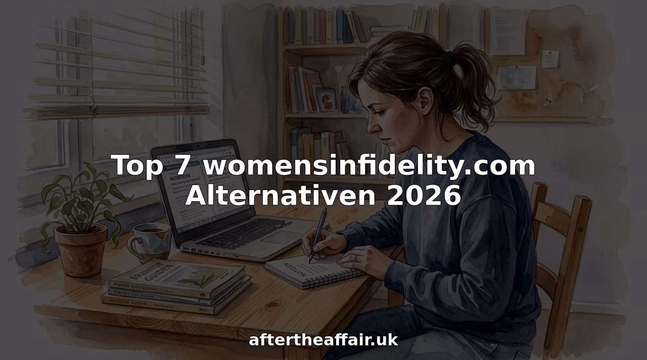 Eine Frau sitzt an ihrem Schreibtisch zu Hause und vergleicht verschiedene Online-Portale, die Unterstützung bei Untreue in der Partnerschaft anbieten.