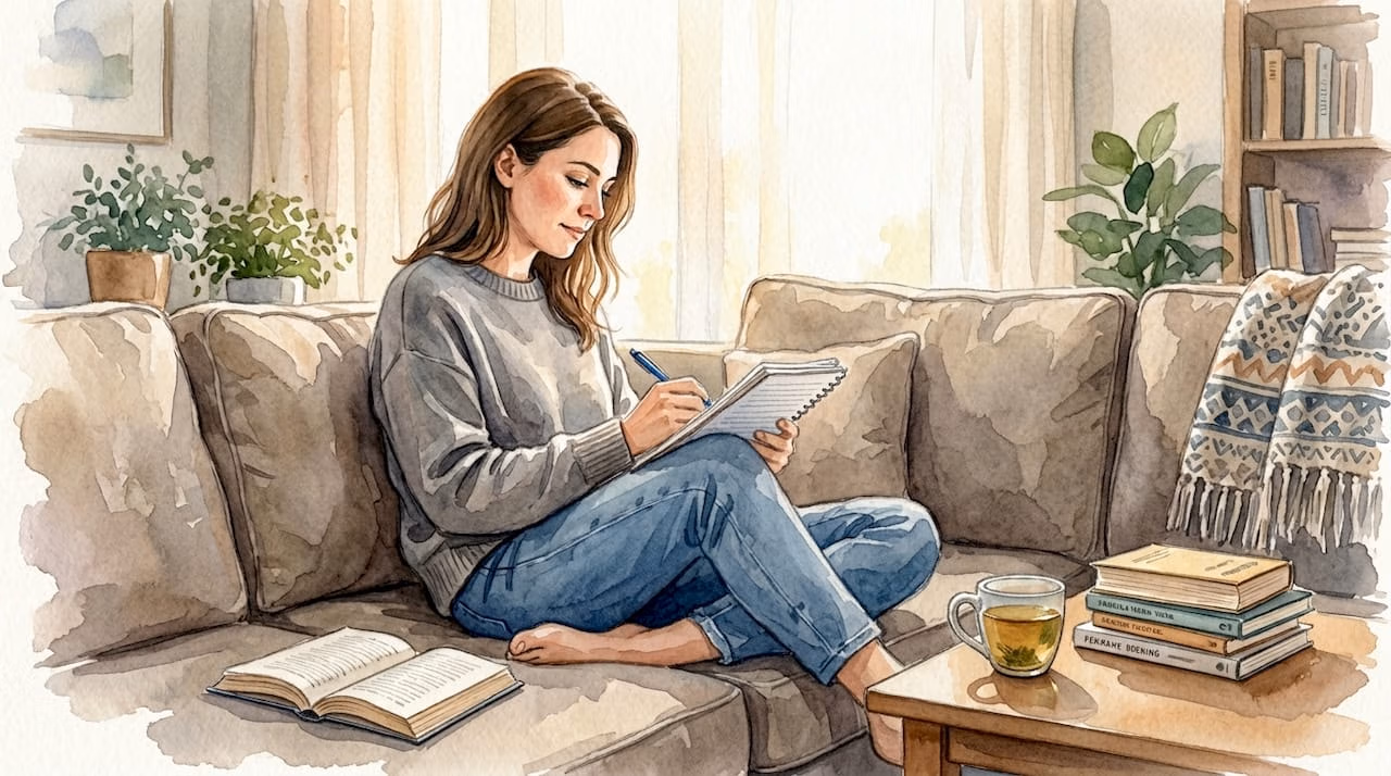 Woman journaling quietly in a cozy living room