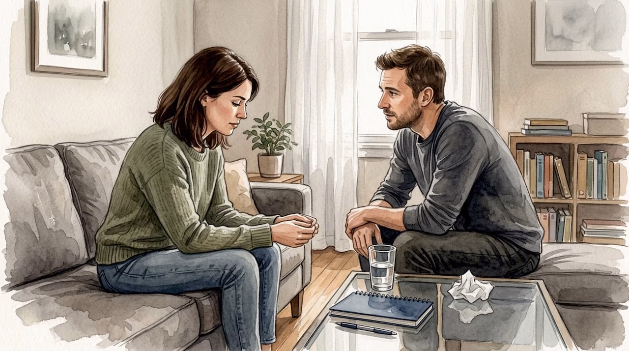 Ein Paar sitzt auf dem Sofa und führt ein ernstes Gespräch.