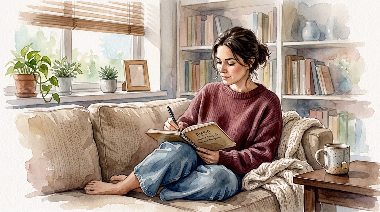Mujer escribiendo tranquilamente en su diario mientras está sentada en el sofá de casa.