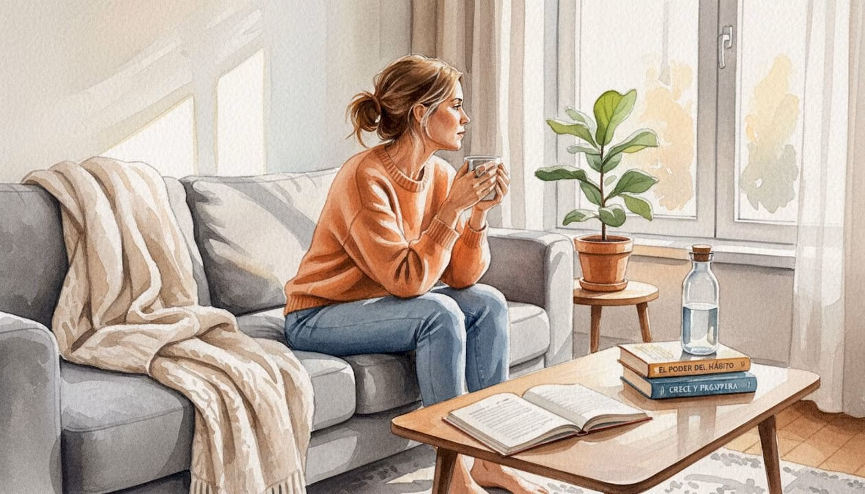 Una mujer se sumerge en sus pensamientos en silencio, mientras la luz suave de la mañana acaricia su rostro.