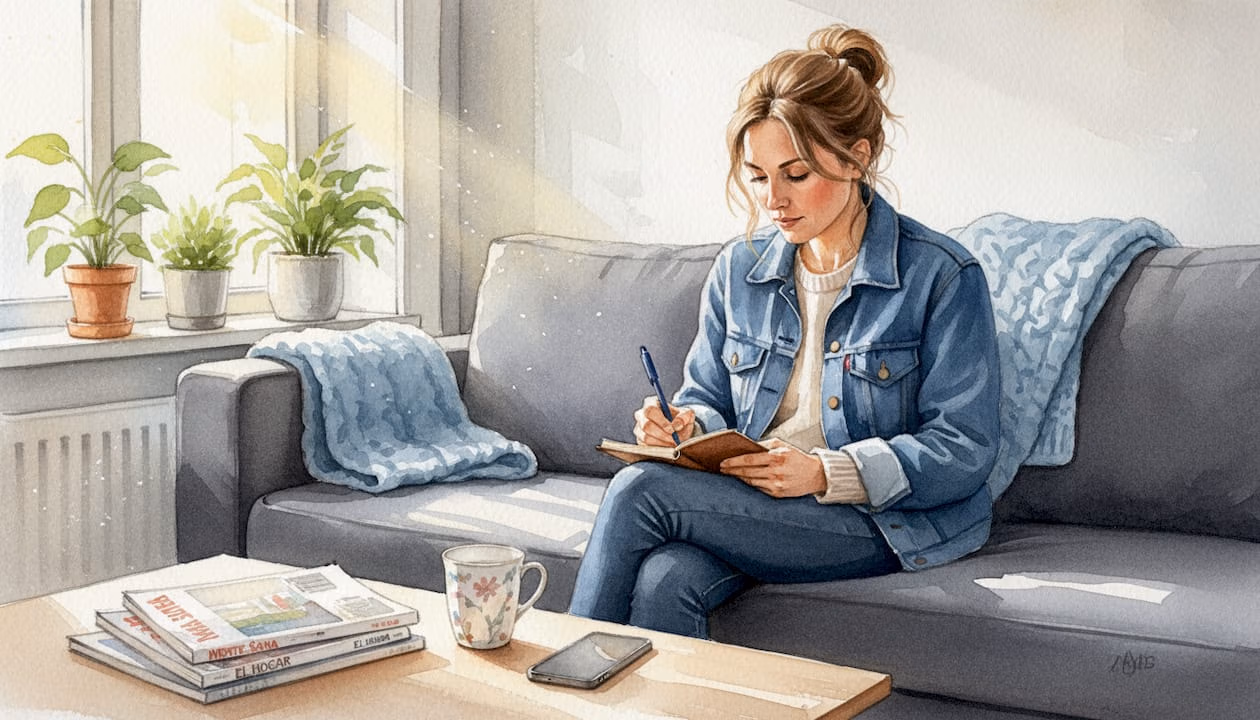 Una mujer escribe tranquilamente en su diario, sentada en el salón, iluminado por la luz del sol.