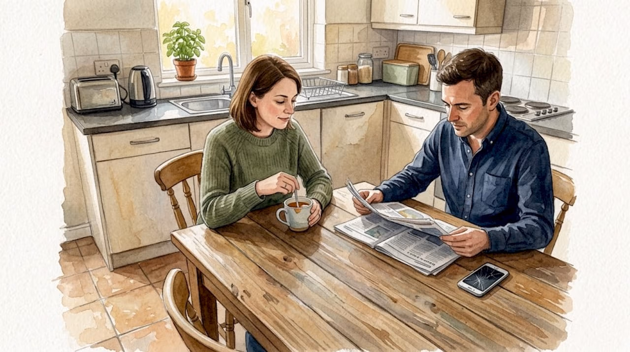 Couple quietly talking at kitchen table