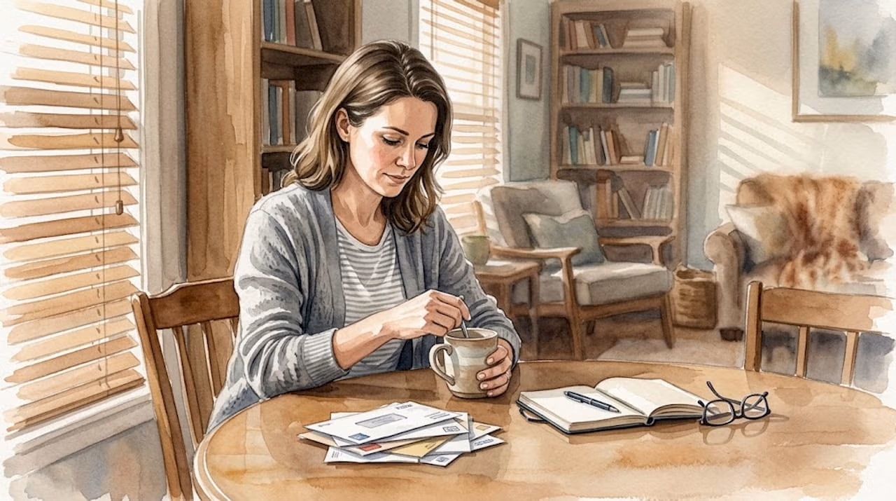 Woman alone reflecting in living room