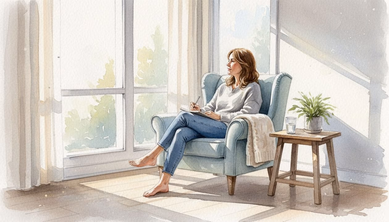 Mujer pensativa sentada junto a la ventana, escribiendo en su cuaderno