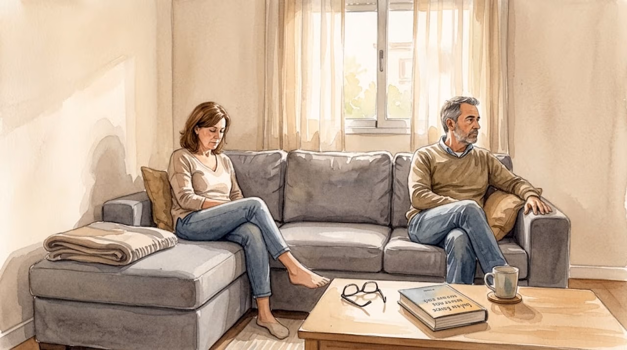 Una pareja sentada en el sofá, cada uno en su extremo, mostrando cierta distancia entre ellos.