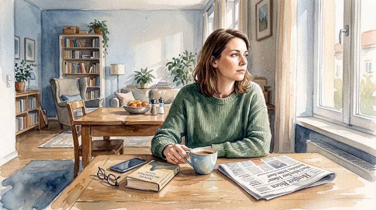 Eine Frau steht am Wohnzimmerfenster und ist in Gedanken versunken.