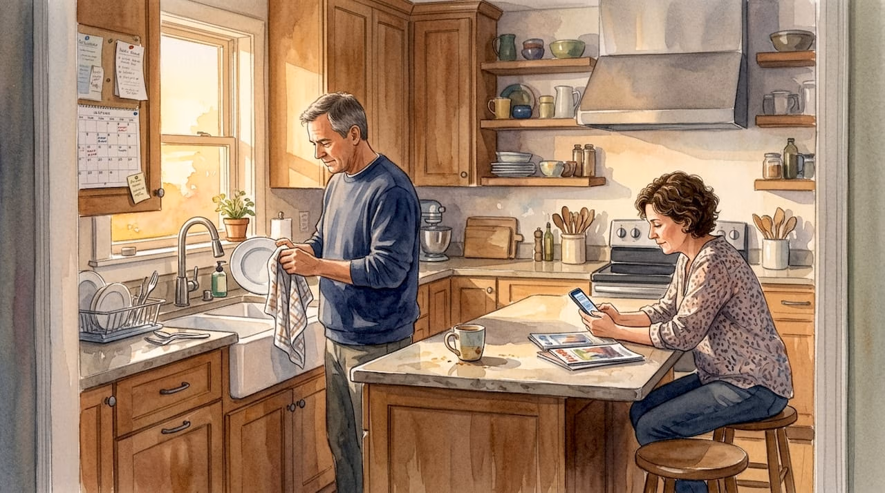 Older couple in kitchen, everyday evening routine