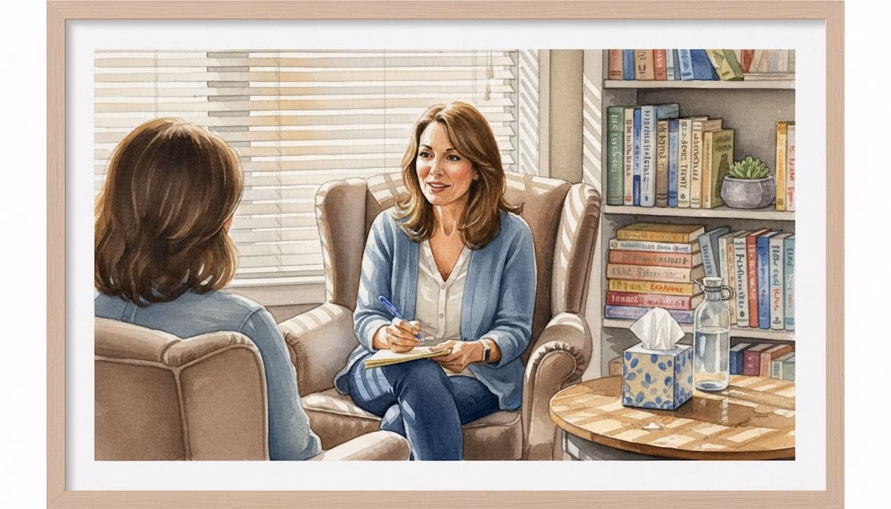 Therapist talking to a client in cozy office