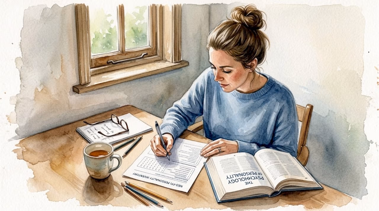 Woman completing personality test in home office